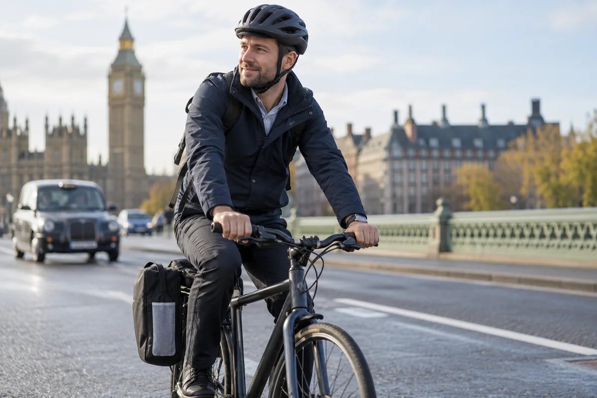 Commuter cycling with a bag containing spare shoes