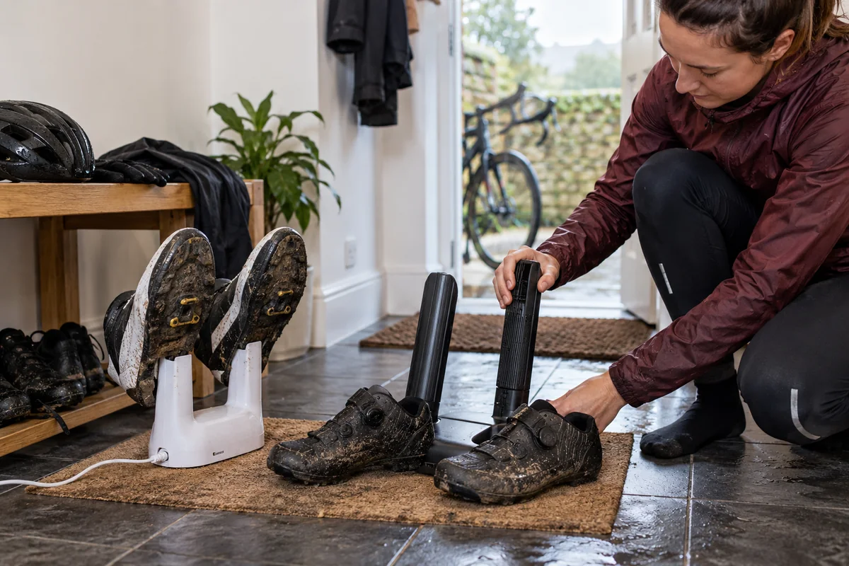 Realistic British cycling scene for Shoe dryers for wet cycling footwear: Compare Products & UK Buying Guide