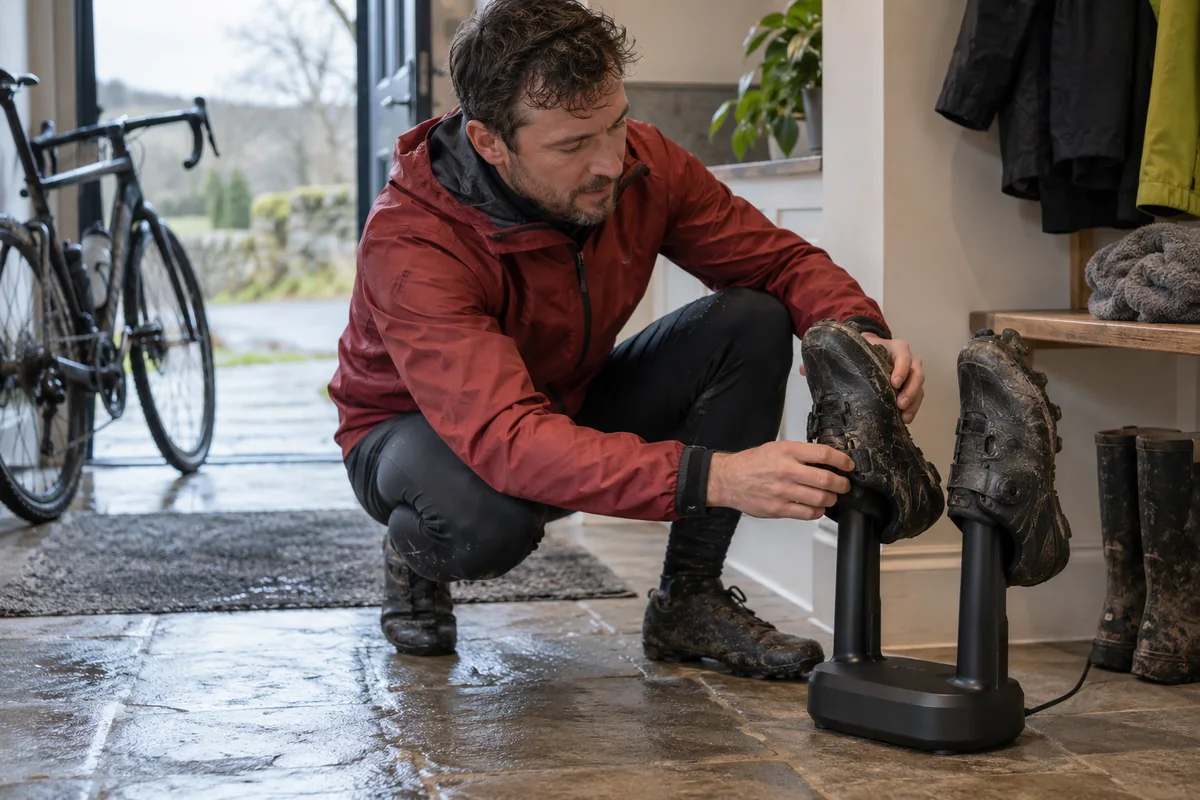 Cyclist or mechanic demonstrating practical considerations for Shoe dryers for wet cycling footwear: Compare Products & UK Buying Guide