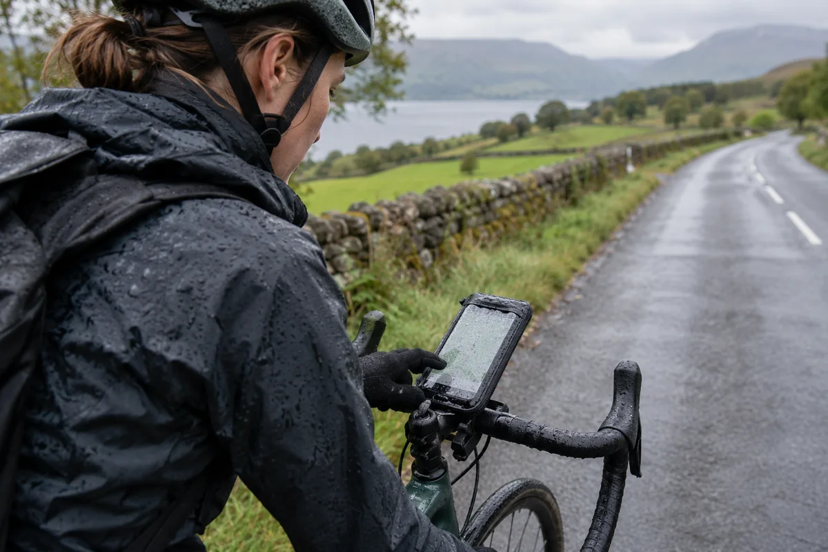 Cyclist or mechanic demonstrating practical considerations for Waterproof phone pouches for cycling: Compare Products & UK Buying Guide