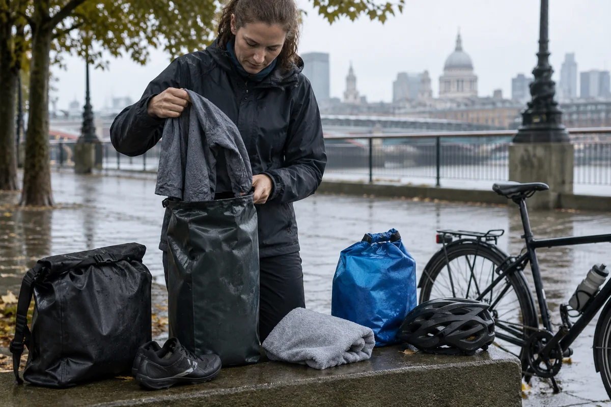 Cyclist sorting commuting clothes beside a bicycle
