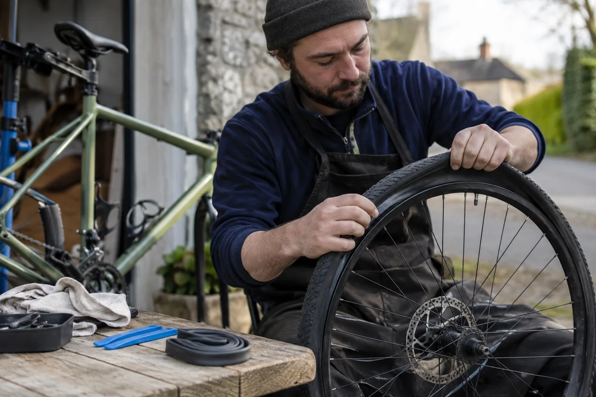 Realistic British cycling scene for How to change a bicycle tyre