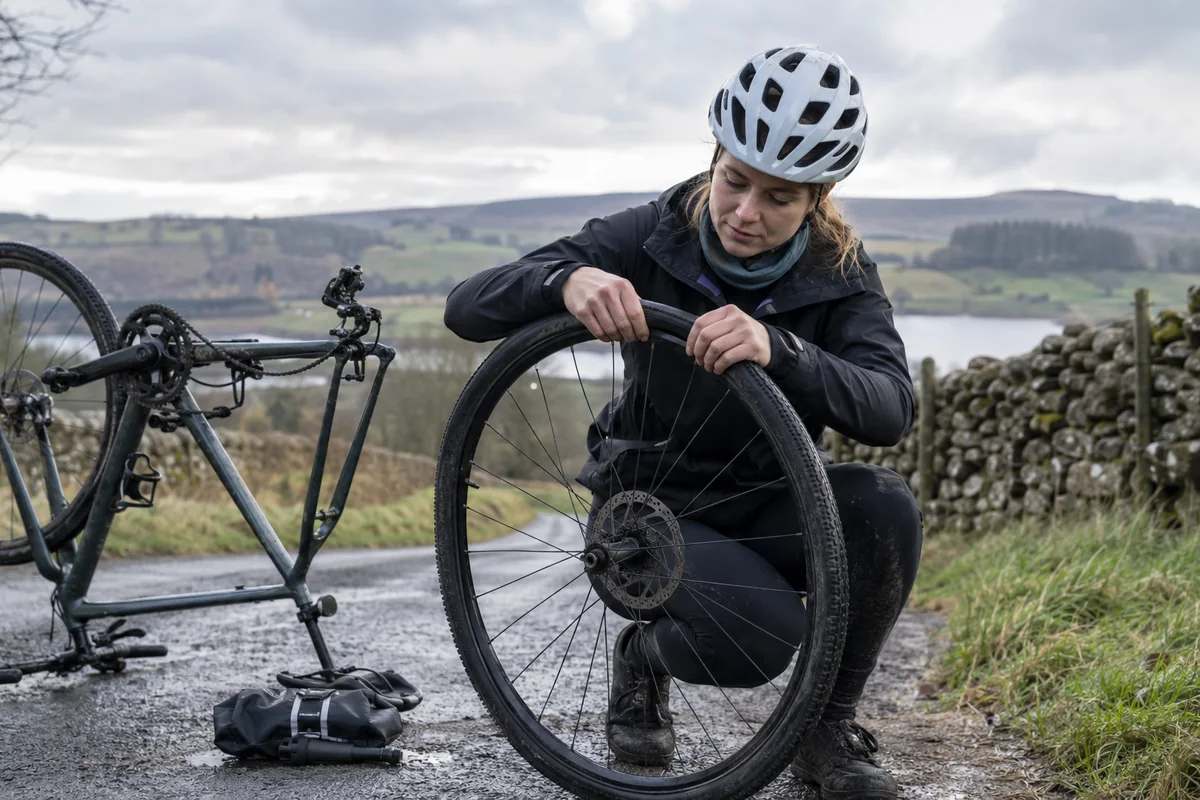 Cyclist or mechanic demonstrating practical considerations for How to change a bicycle tyre