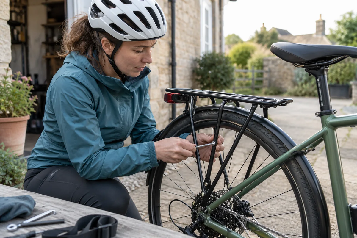 Cyclist or mechanic demonstrating practical considerations for How to fit a rear bicycle rack