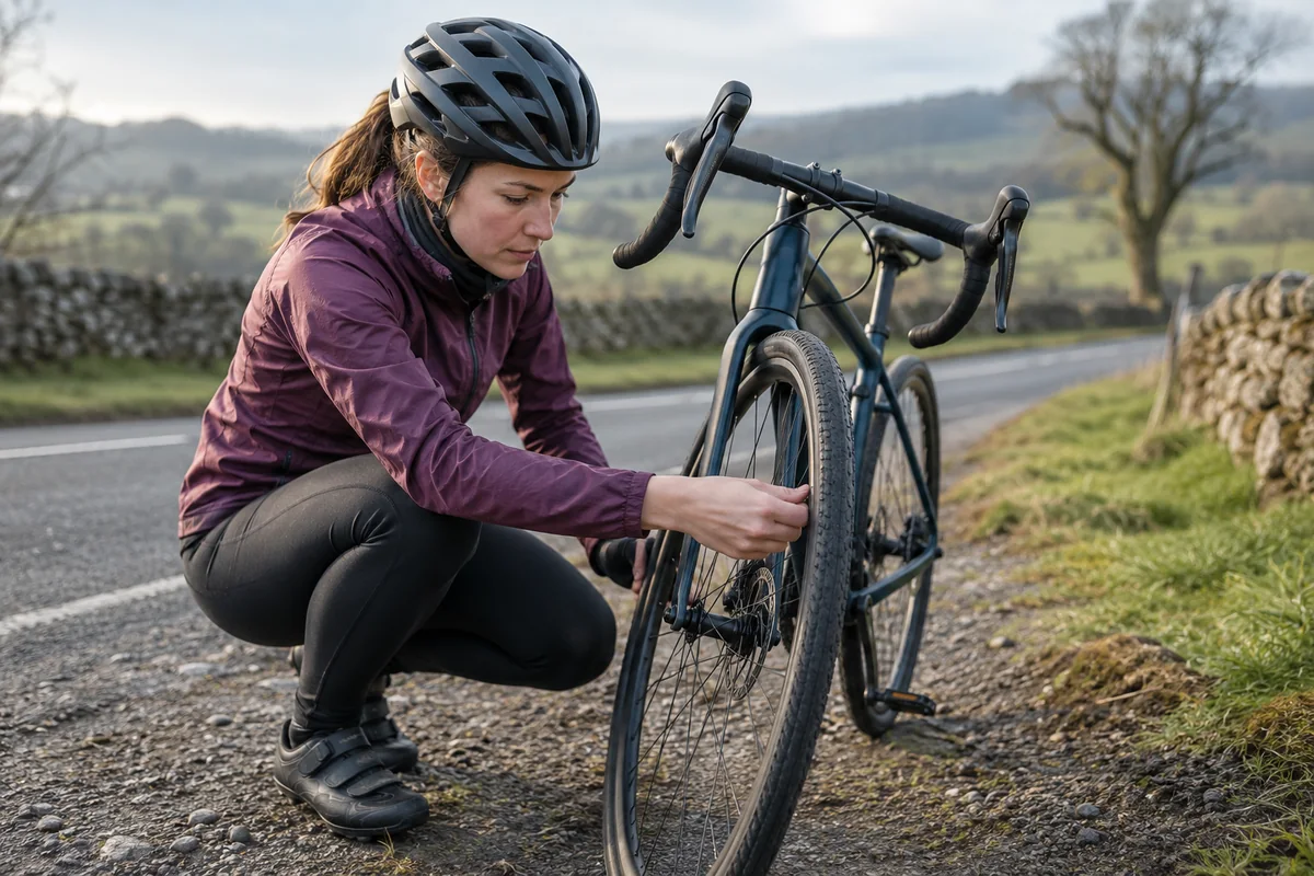 Cyclist checking a bicycle before a countryside ride