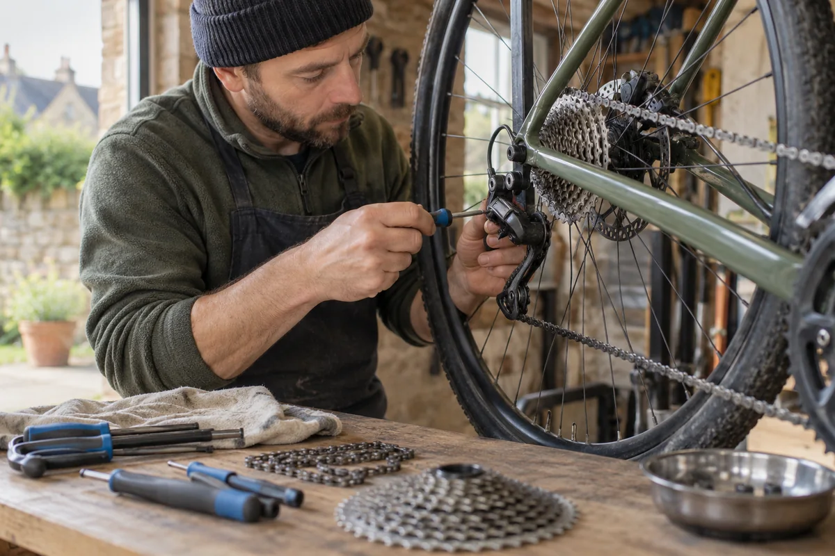 Mechanic inspecting a bicycle wheel in a British workshop
