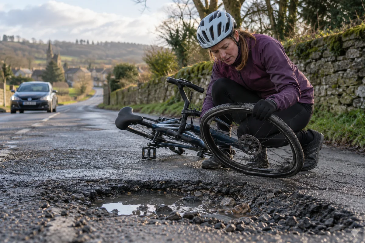Realistic British cycling scene for Pothole bicycle damage and injury claims