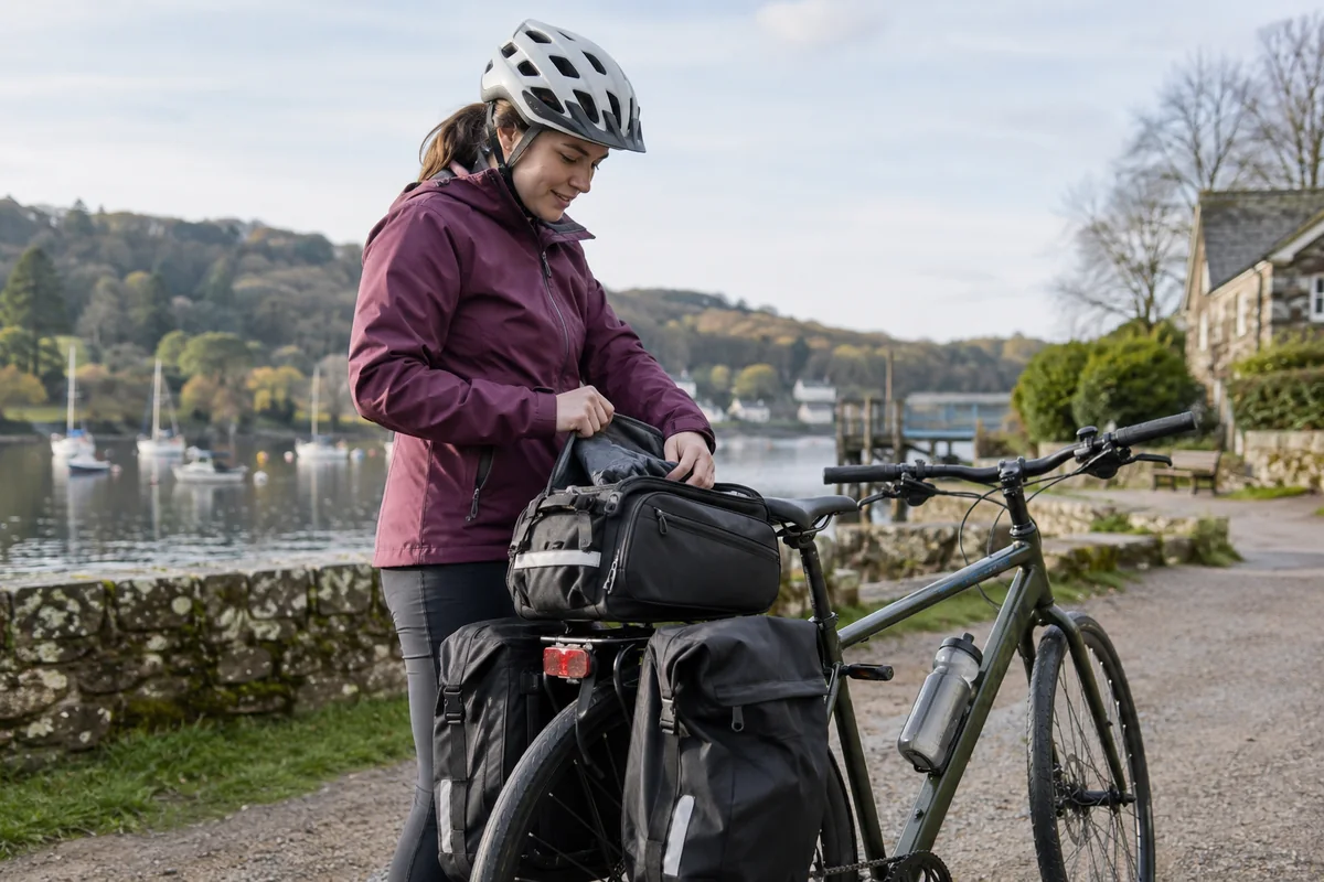 Cyclist or mechanic demonstrating practical considerations for Bike rack bags and trunk bags