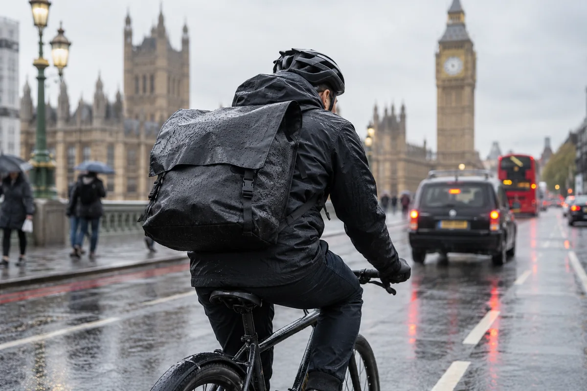 Realistic British cycling scene for Altura waterproof courier bags: models and prices