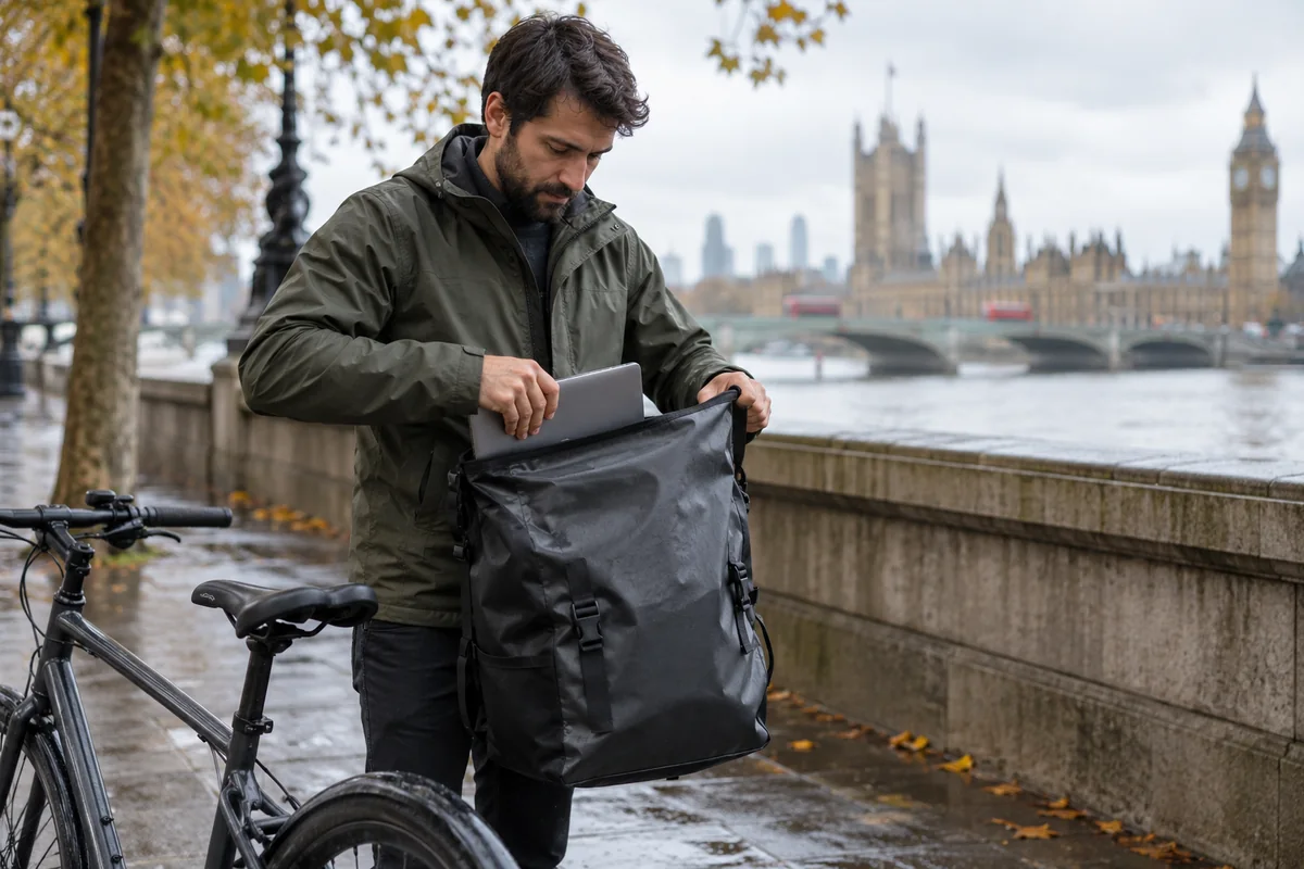 Cyclist or mechanic demonstrating practical considerations for Altura waterproof courier bags: models and prices