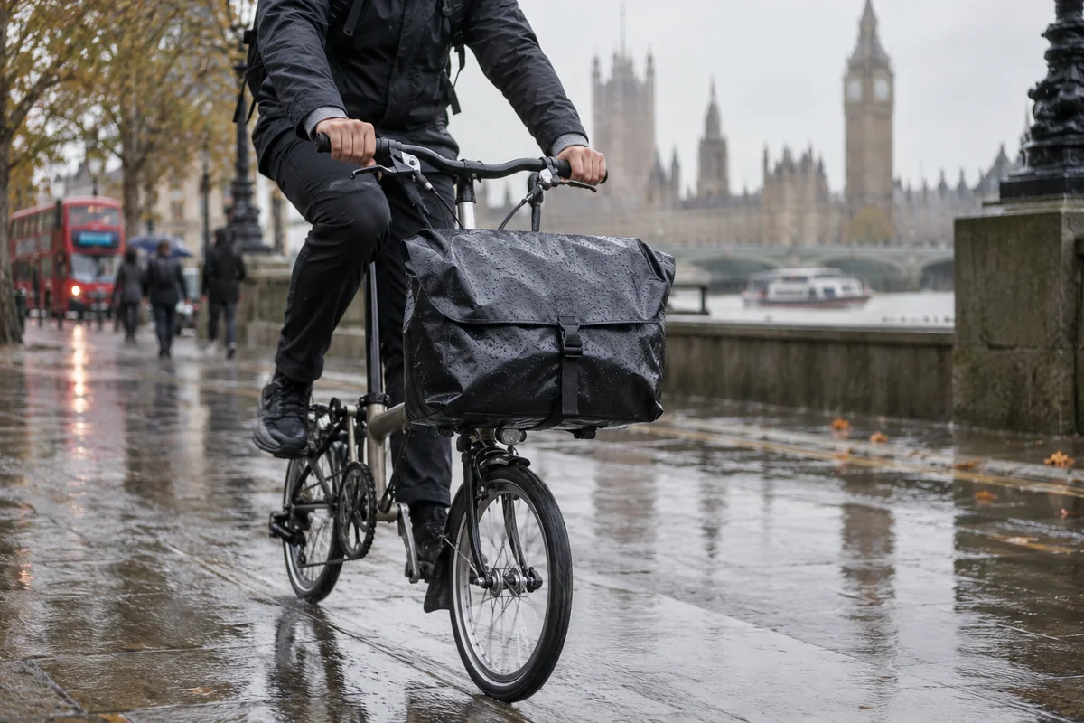 Realistic British cycling scene for Brompton waterproof courier bags: models and prices