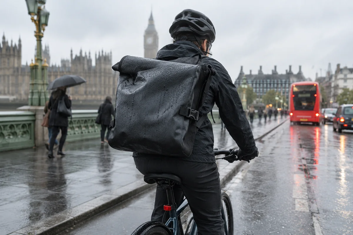 Realistic British cycling scene for Ortlieb waterproof courier bags: models and prices