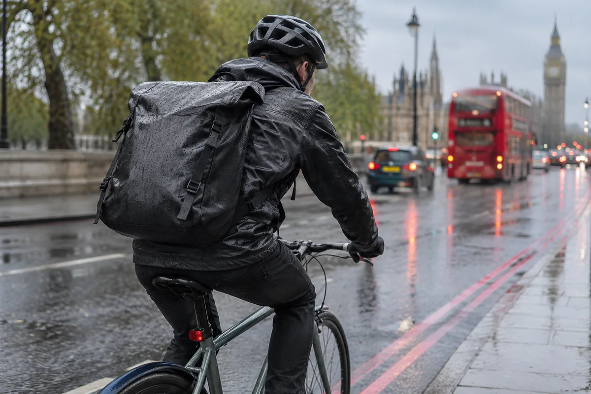Realistic British cycling scene for Osprey waterproof courier bags: models and prices