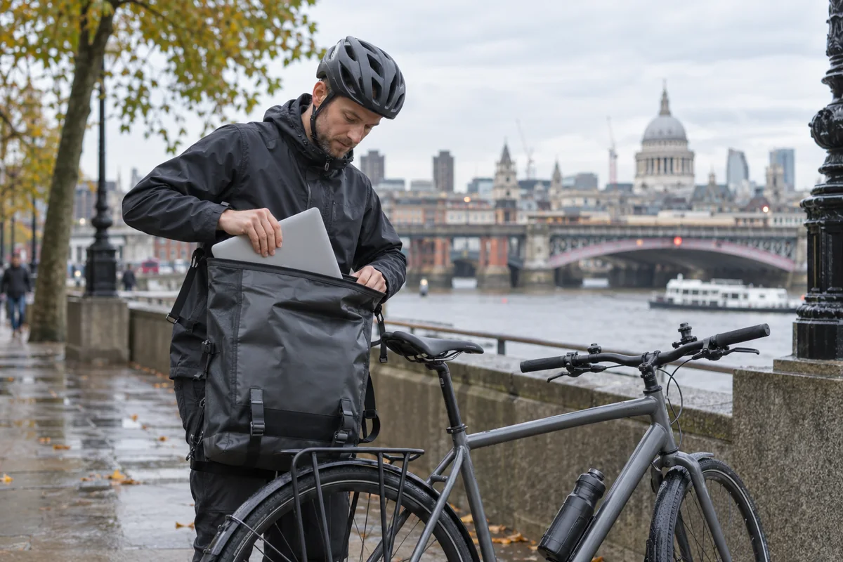 Cyclist or mechanic demonstrating practical considerations for Osprey waterproof courier bags: models and prices
