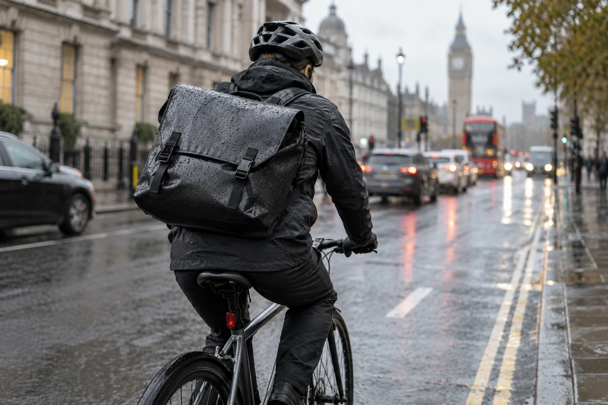 Realistic British cycling scene for Pinnacle waterproof courier bags: models and prices