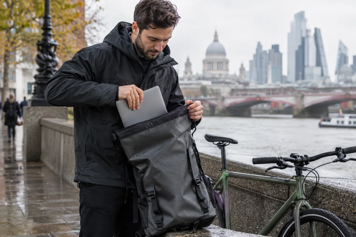 Cyclist or mechanic demonstrating practical considerations for Pinnacle waterproof courier bags: models and prices
