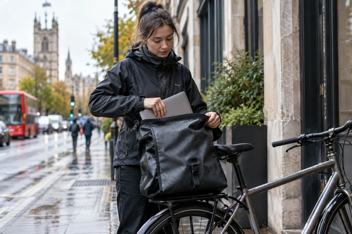 Cyclist or mechanic demonstrating practical considerations for Waterproof courier bags for cycling