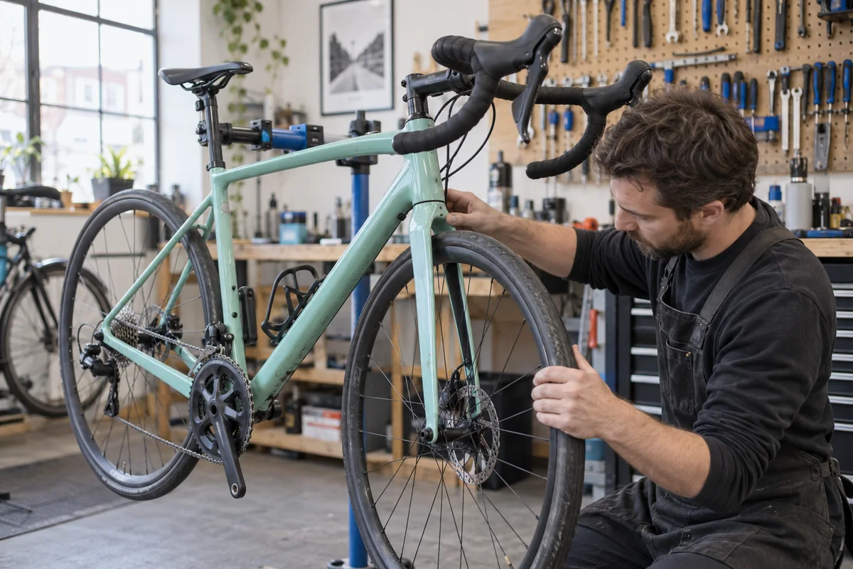 Mechanic inspecting the fork and front wheel of an unbranded celeste-coloured endurance road bicycle