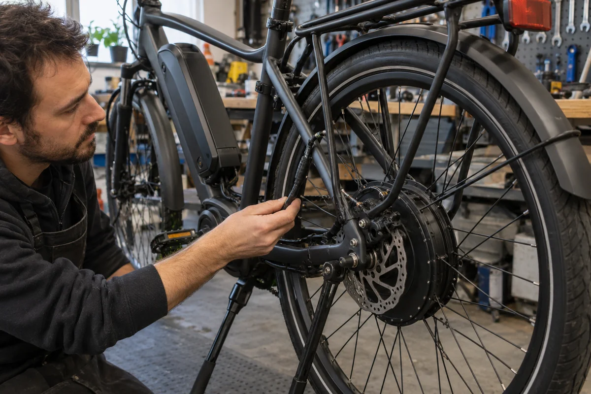 Mechanic inspecting the motor cable, battery mount and brake of an unbranded electric hybrid