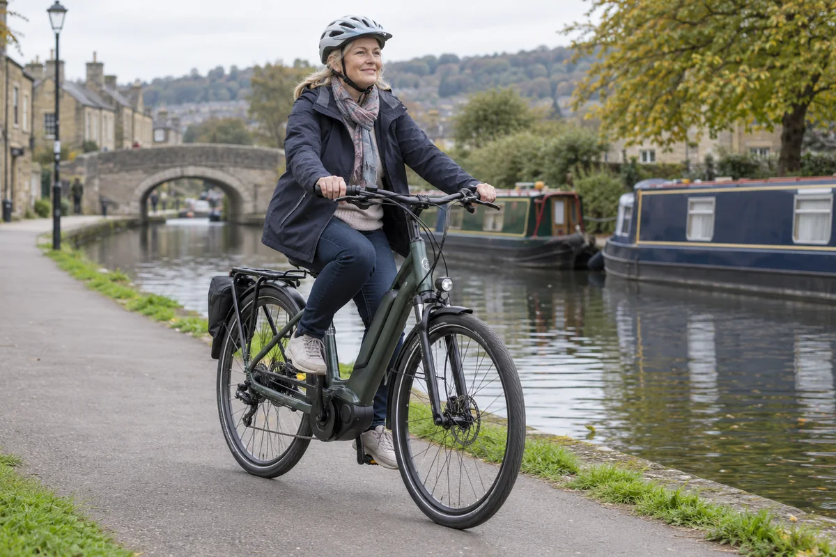 Rider using an unbranded low-step electric hybrid on a British canal path