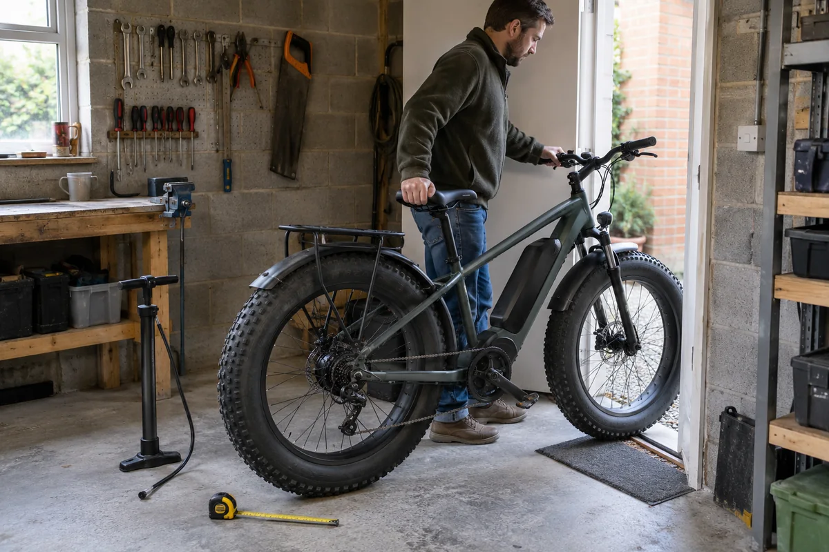 Owner checking garage access for a fat-tyre electric bicycle