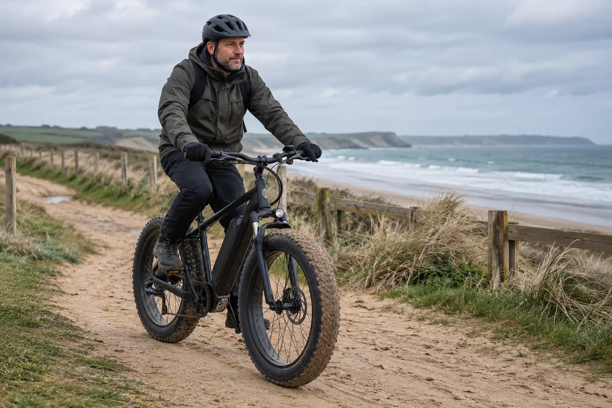 A fat-tyre electric bicycle on a sandy gravel route