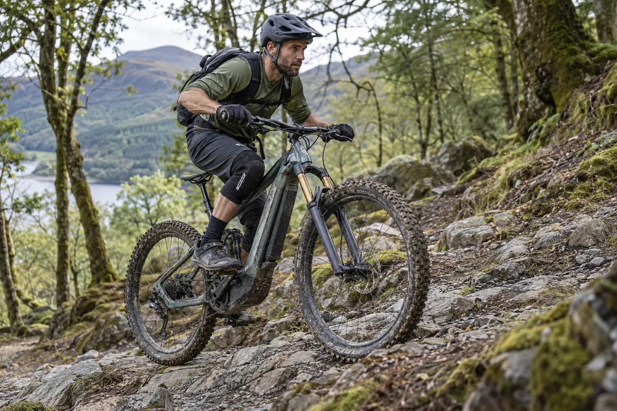 Rider climbing a rocky woodland trail on an unbranded full-suspension electric mountain bike