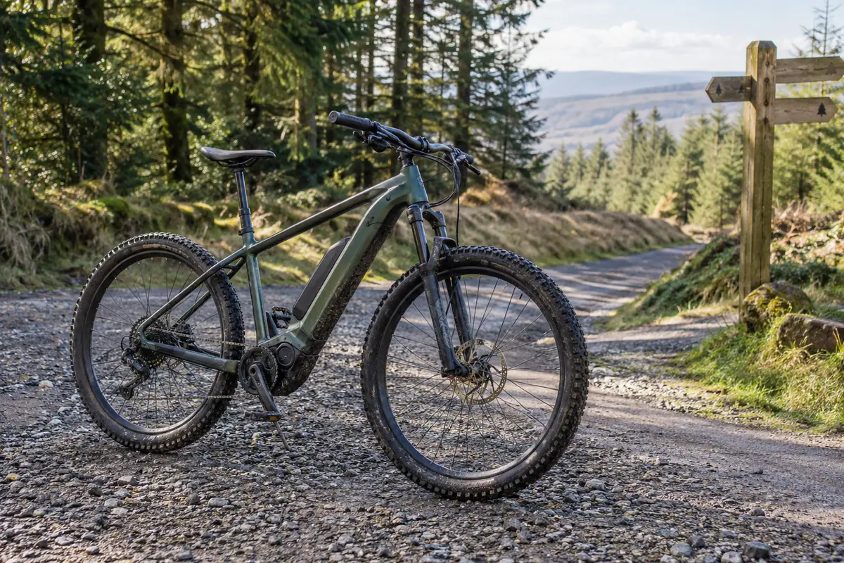 Unbranded electric hardtail mountain bicycle parked on a British forest road