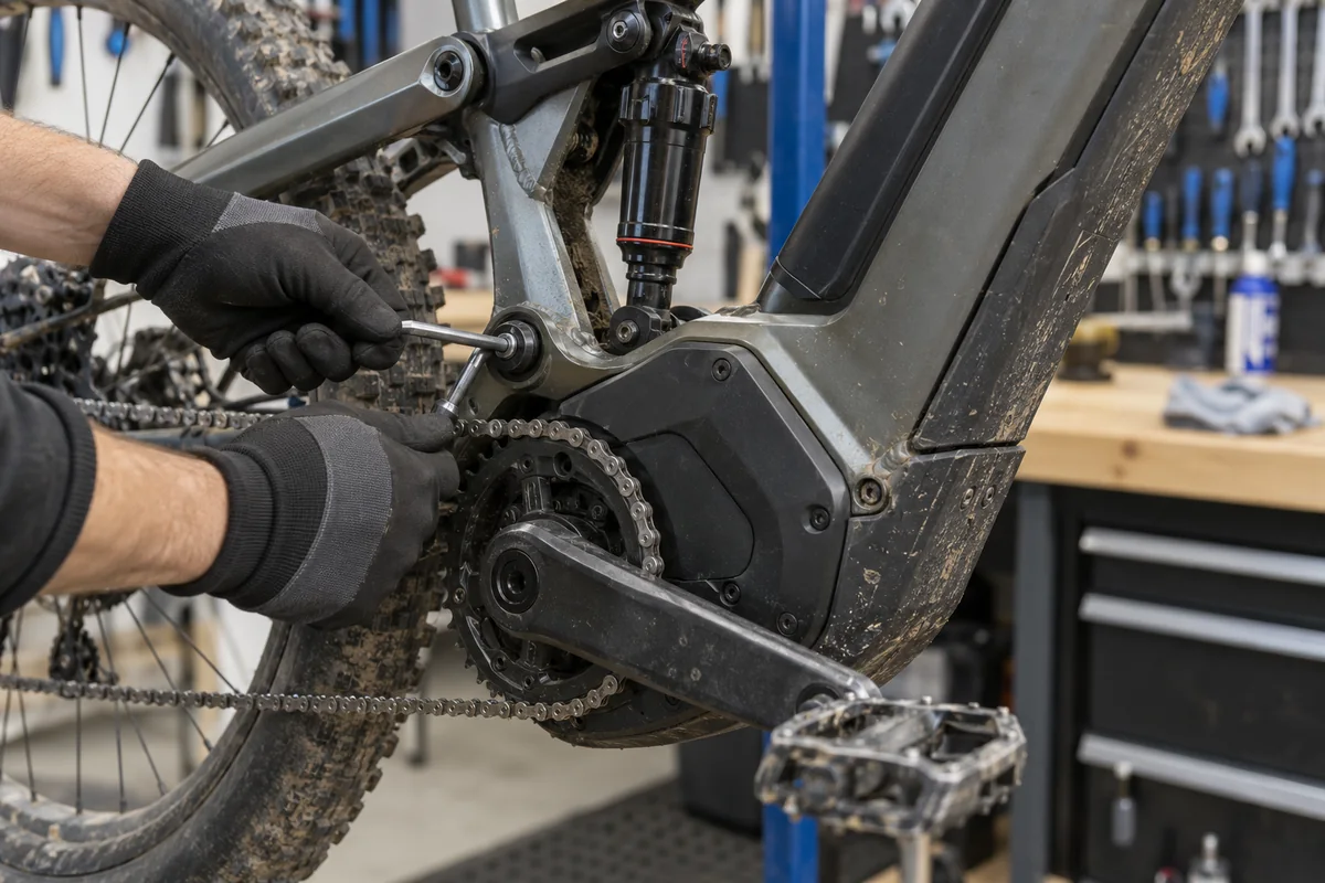 Mechanic inspecting the motor, drivetrain and suspension pivot of an electric mountain bicycle