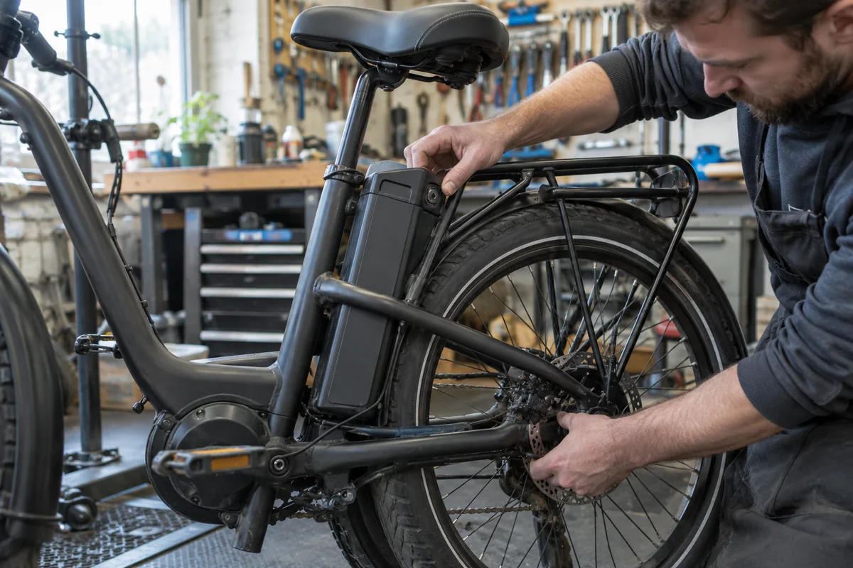 Mechanic checking the battery, brake and tyre clearance of an electric cruiser bicycle