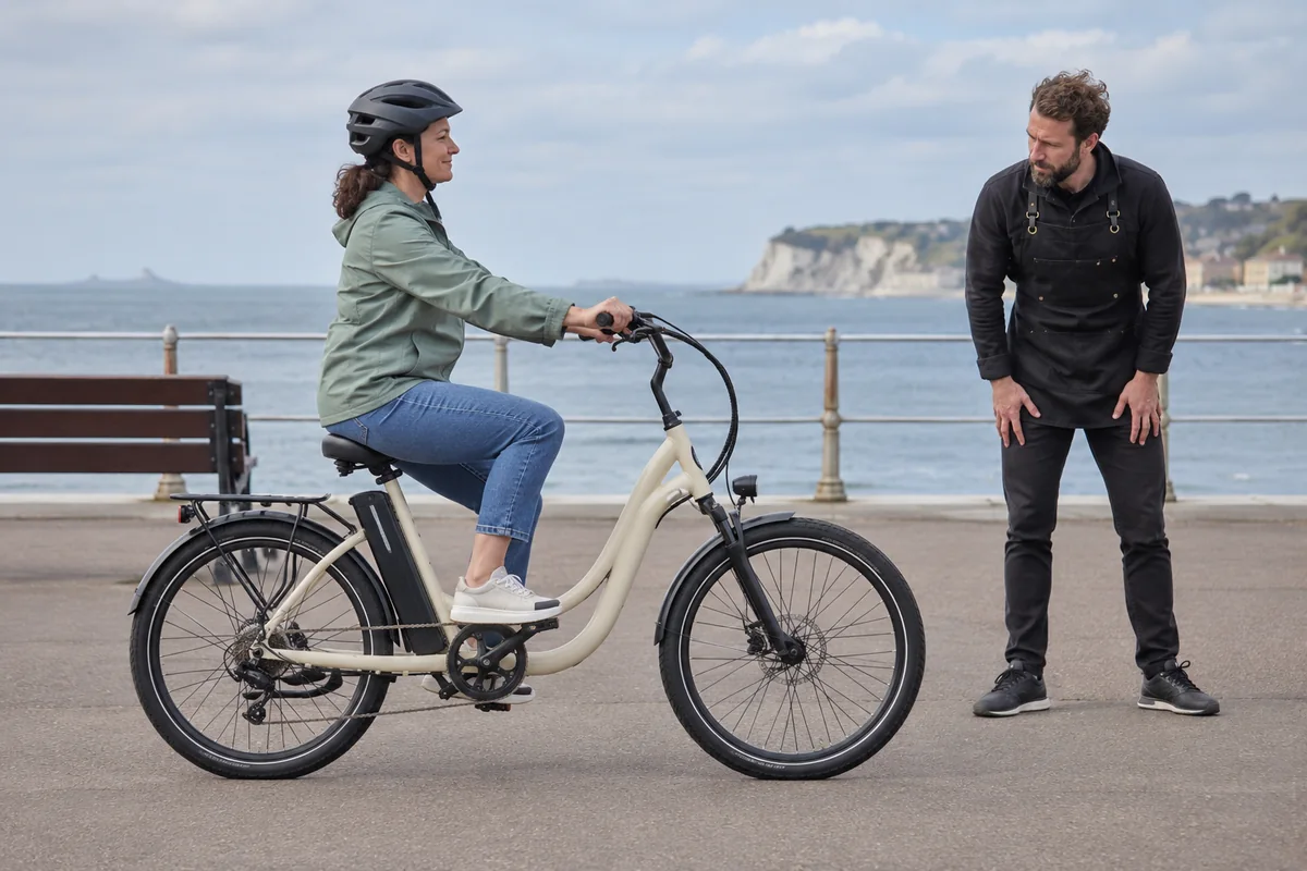 Bike fitter observing a rider on an unbranded low-slung electric bicycle