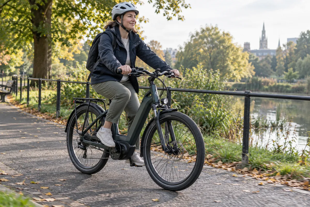 Helmeted cyclist riding an electric hybrid bicycle through a British park