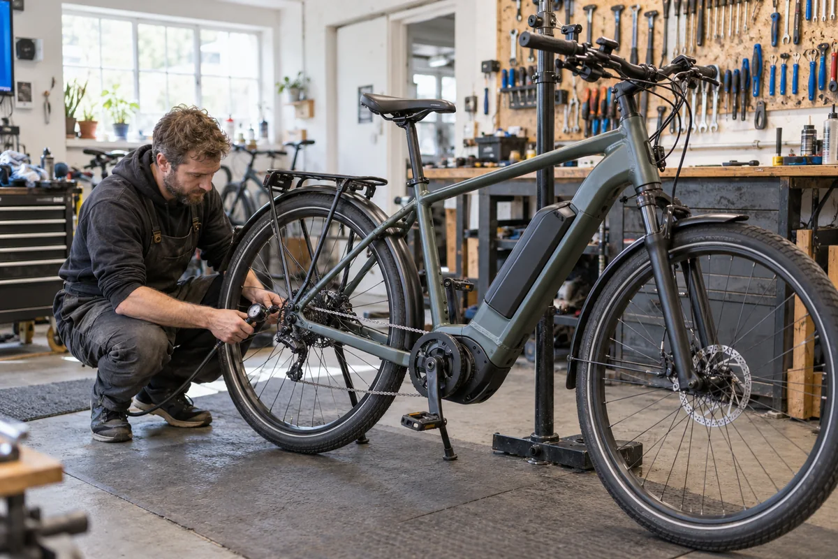 Mechanic checking the battery and brakes on an electric hybrid bicycle