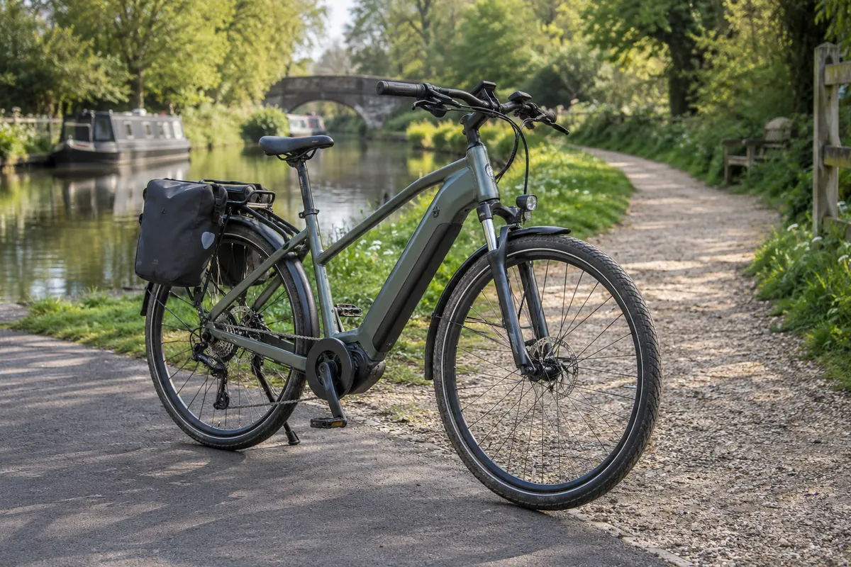 Electric hybrid bicycle beside a mixed-surface towpath
