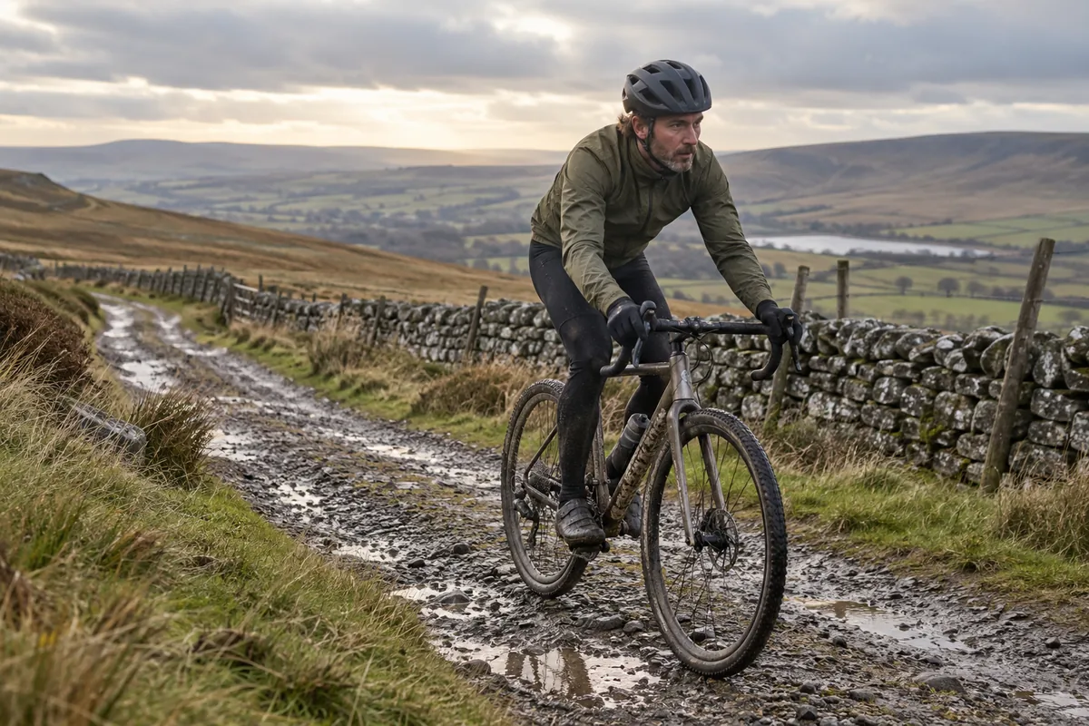 Cyclist riding an unbranded gravel bicycle on a Lancashire moorland track