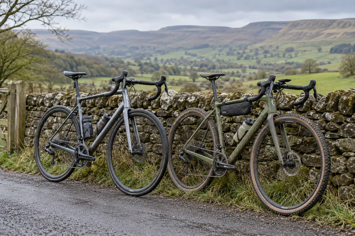Unbranded endurance road and gravel bicycles beside a dry-stone wall in the Ribble Valley