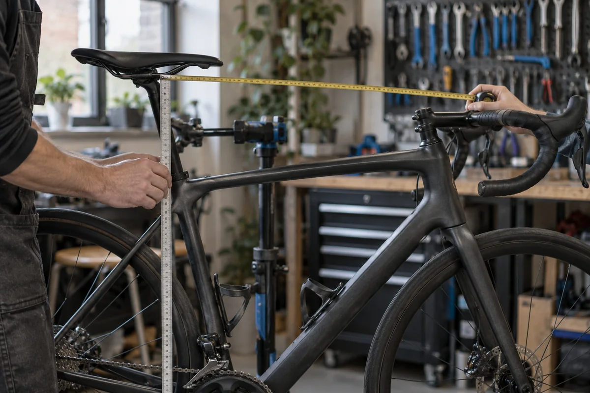 Mechanic checking saddle height on an endurance road bicycle