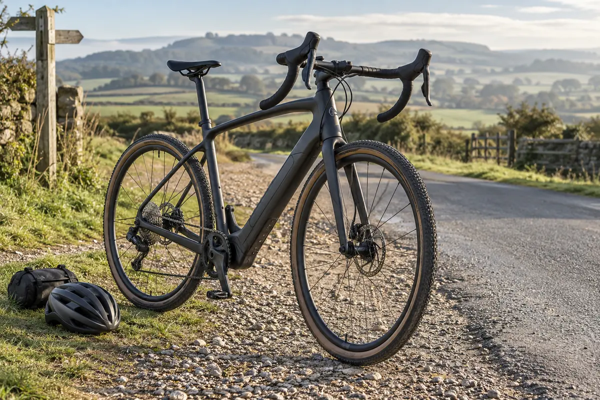 Unbranded electric all-road bicycle where a country lane meets a gravel byway