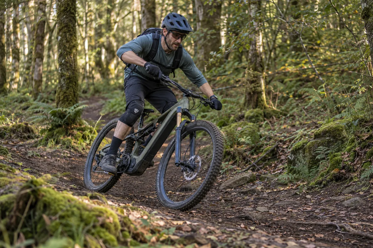 Trail rider cornering on an unbranded lightweight full-suspension electric mountain bicycle