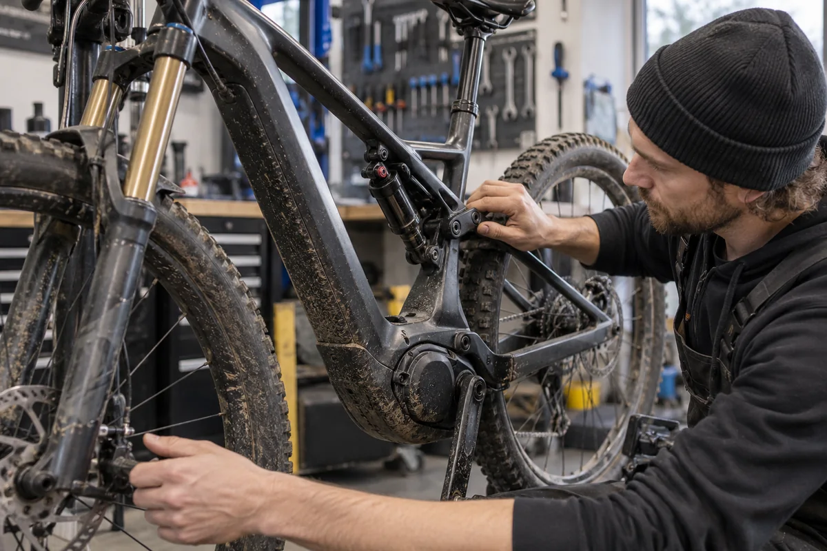 Mechanic checking suspension, brakes and motor area on an electric mountain bicycle