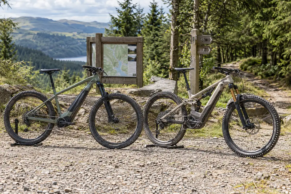 Electric hardtail and long-travel full-suspension mountain bicycles at a Welsh trailhead