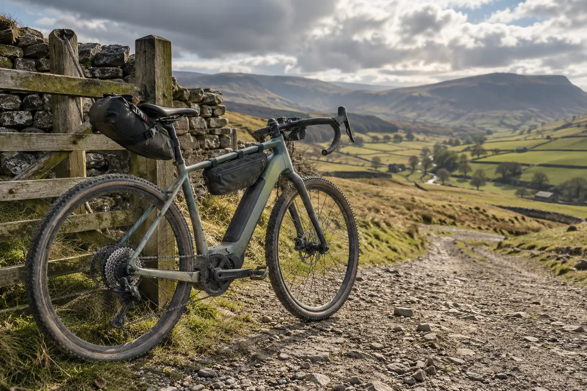 Unbranded electric gravel bicycle with bikepacking luggage on a Yorkshire Dales track