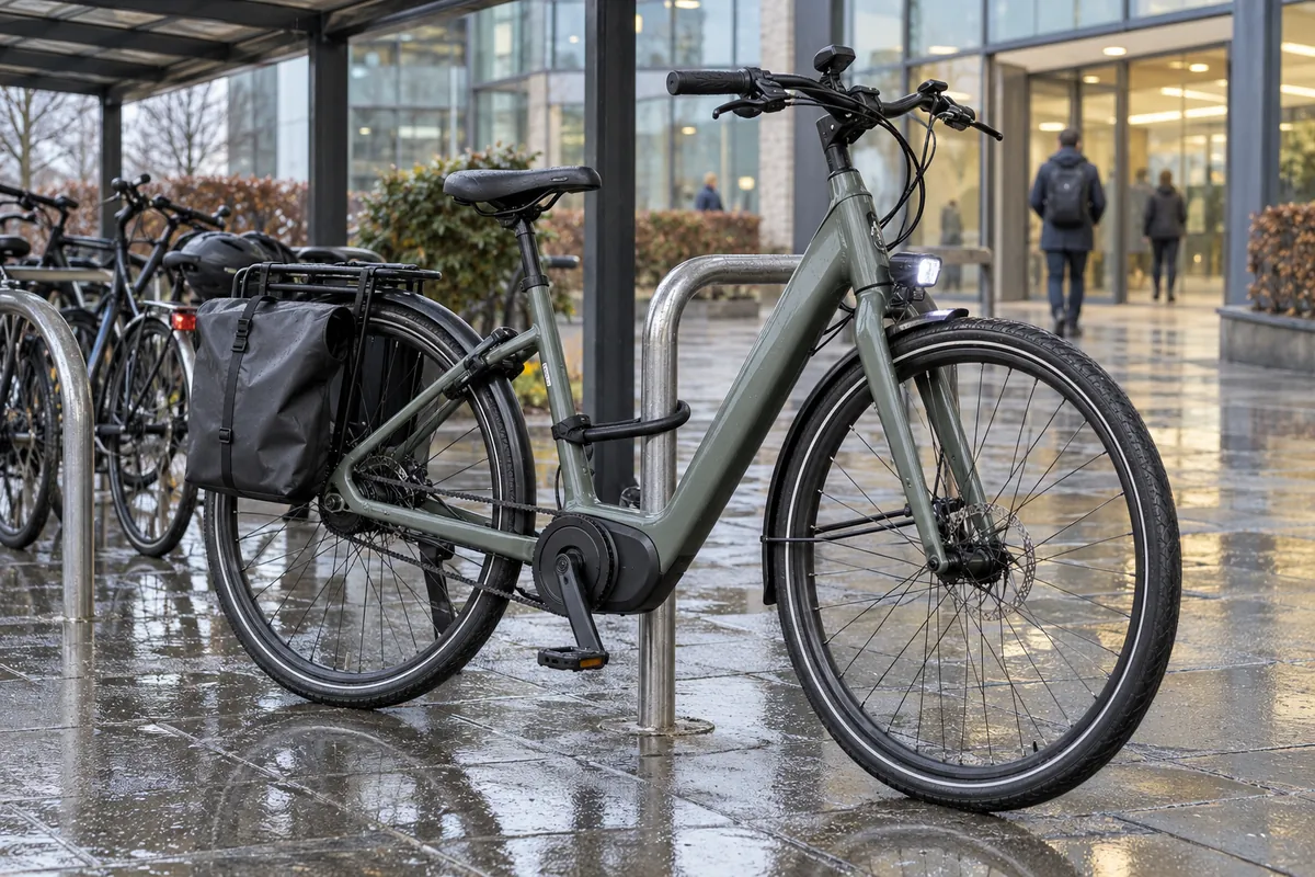 Unbranded low-step electric city bicycle in covered cycle parking