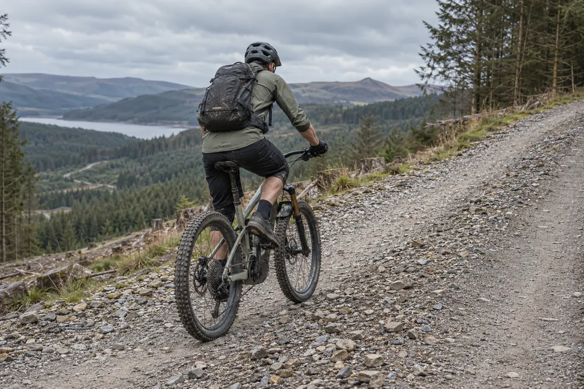 Rider climbing a steep forest road on an unbranded long-travel electric enduro bicycle