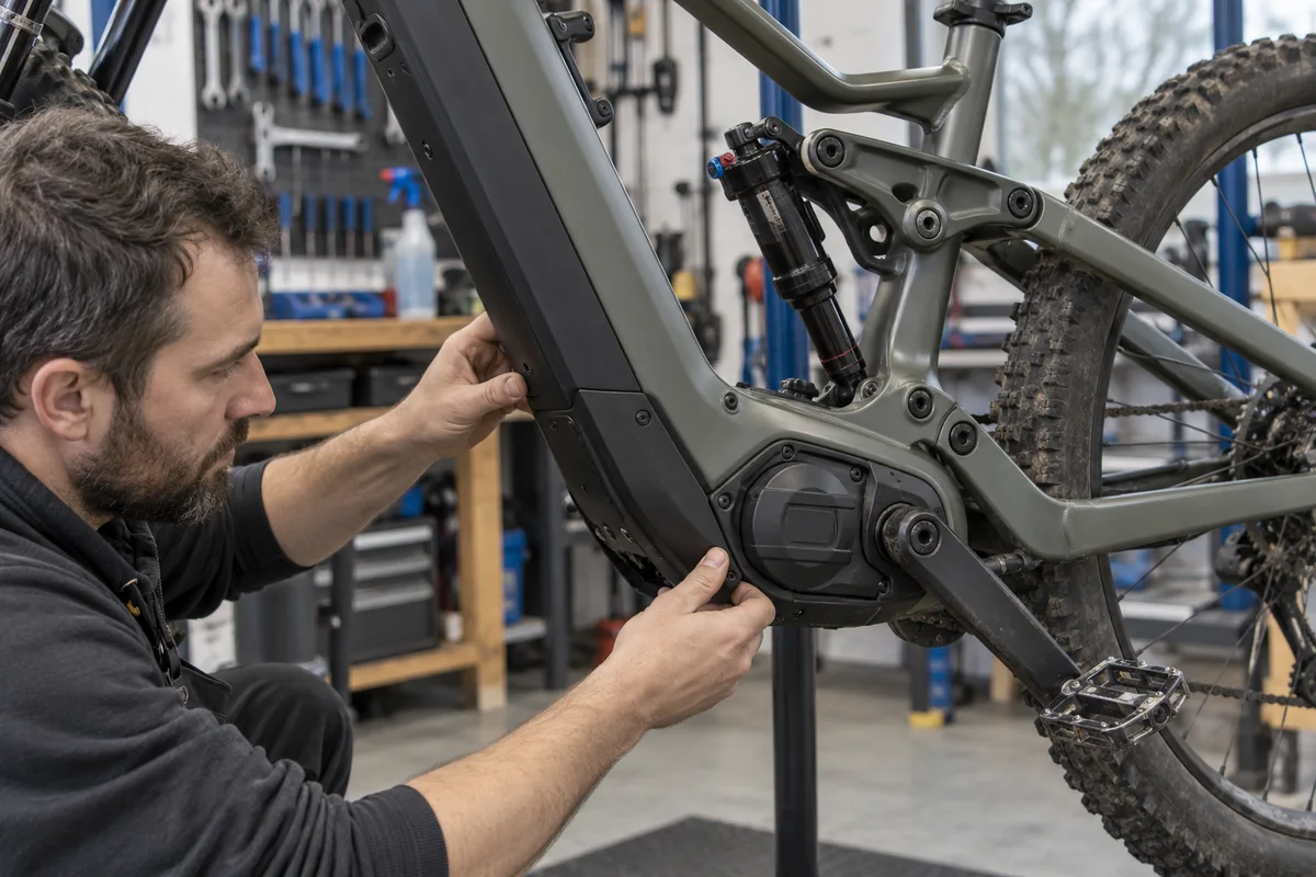 Mechanic inspecting the battery cover, motor mount and pivots of an electric mountain bicycle