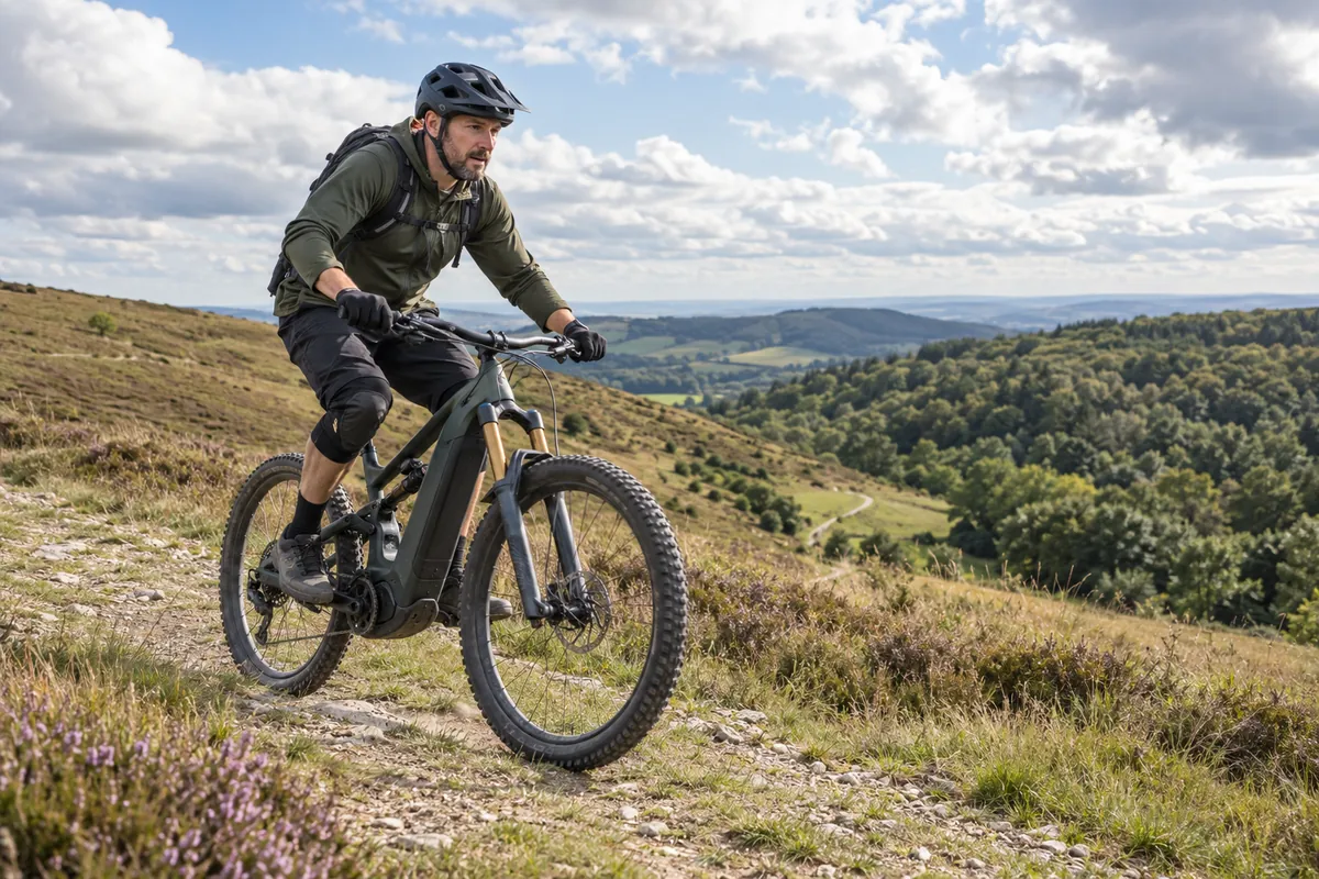 Rider on an unbranded long-range electric trail bicycle on open British moorland