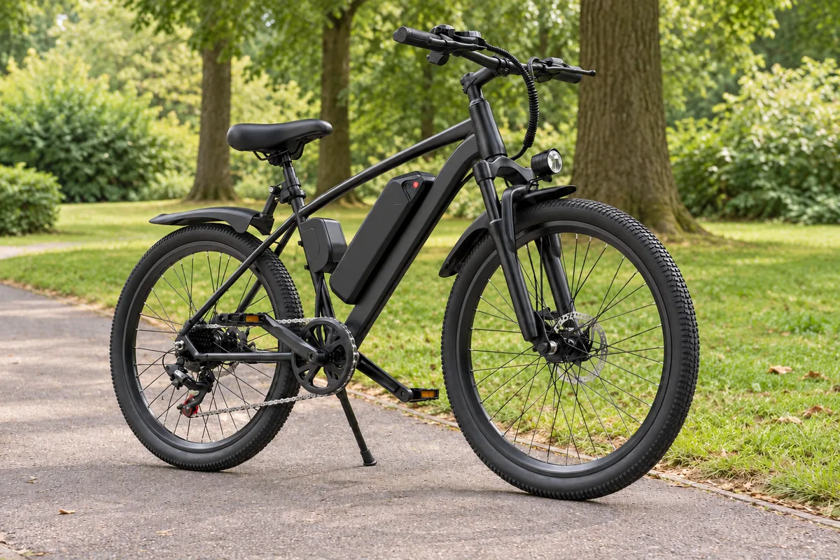 Unbranded black electric hardtail parked beside a paved park path