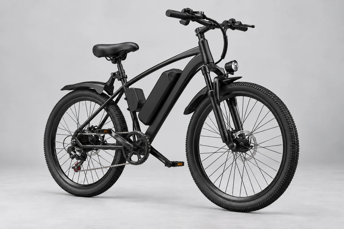 Unbranded black electric hardtail with front suspension, a frame-mounted battery and disc brakes