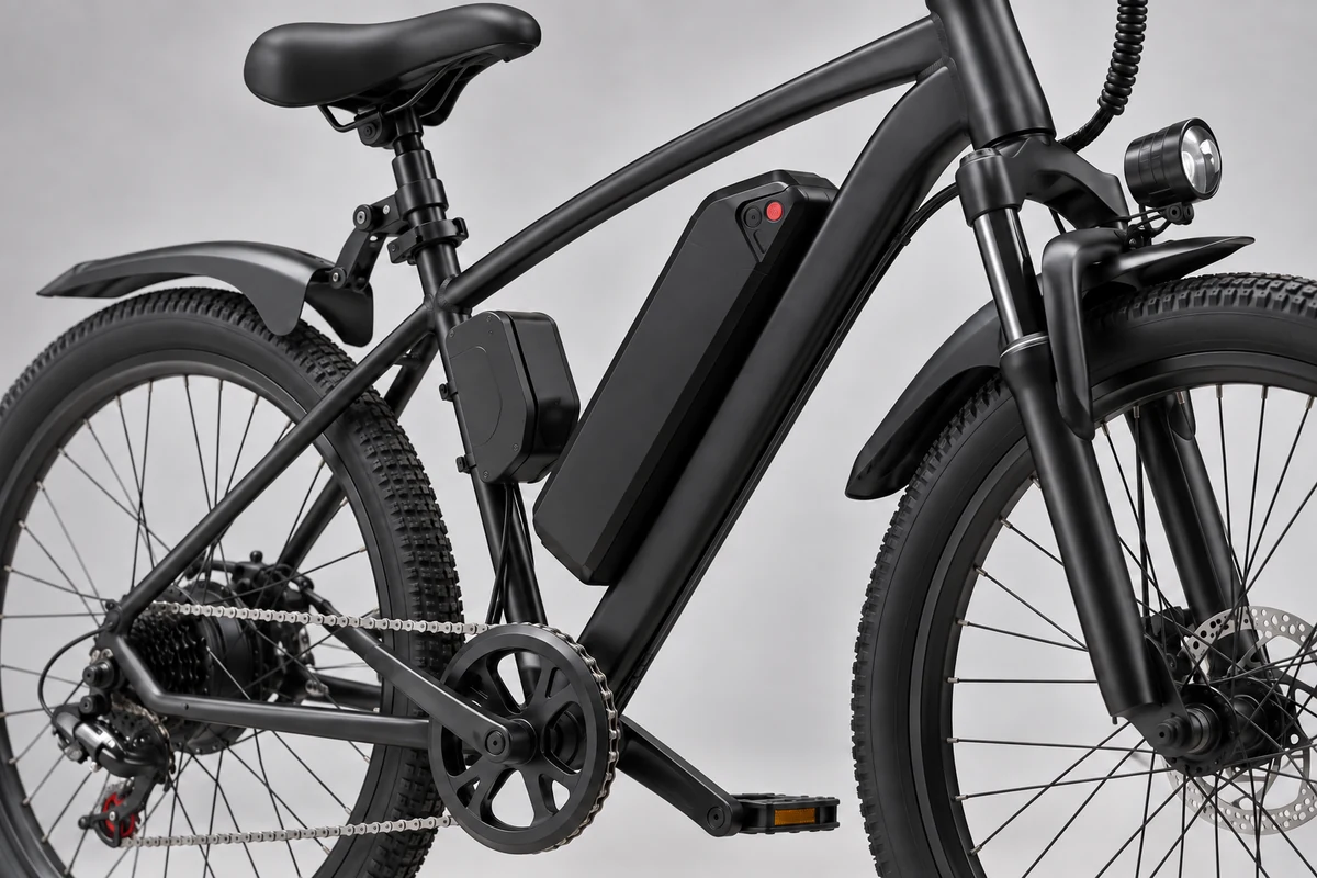 Close view of a removable battery mounted inside an electric hardtail frame